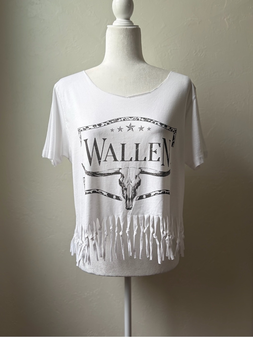 Upcycled Wallen Fringe Graphic Tee Western Boho Raw Hem Top White Oversized